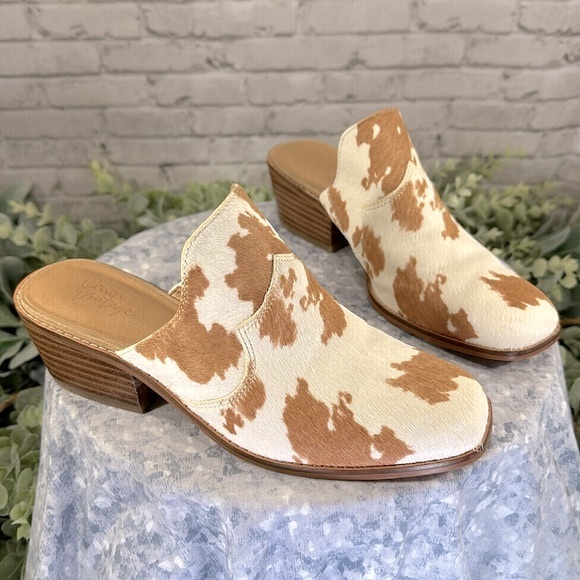 Crown Vintage “Galiena” Tan & White Cow Print Square Toe Mules WMS 6.5M✨VGUC - Picture 9 of 9